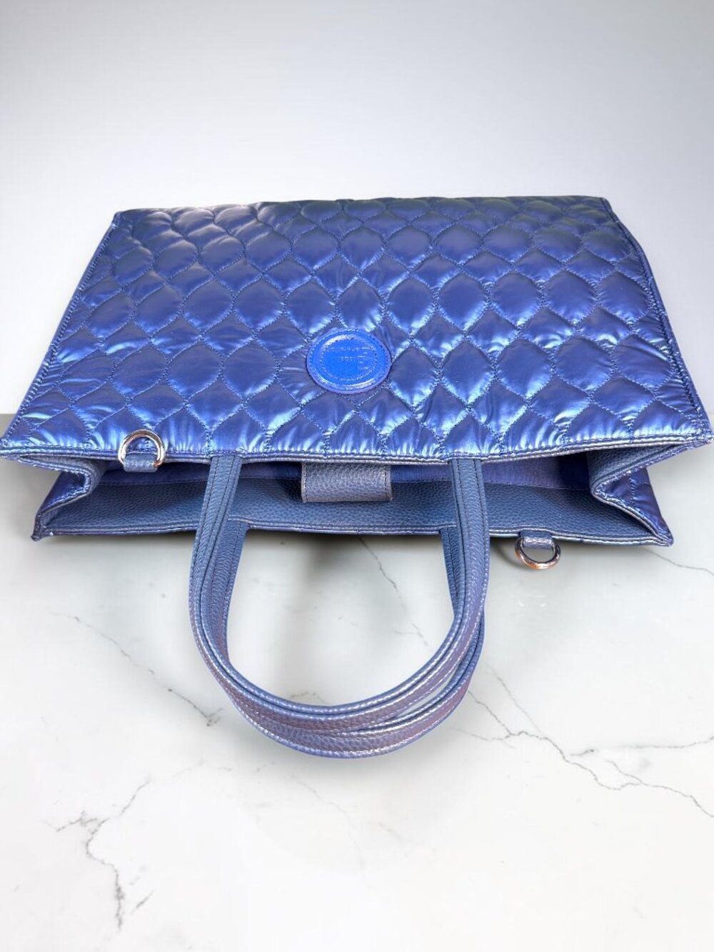 Sharif Global Generation Metallic Sapphire Blue Quilted Nylon Sample Tote - Picture 6 of 12